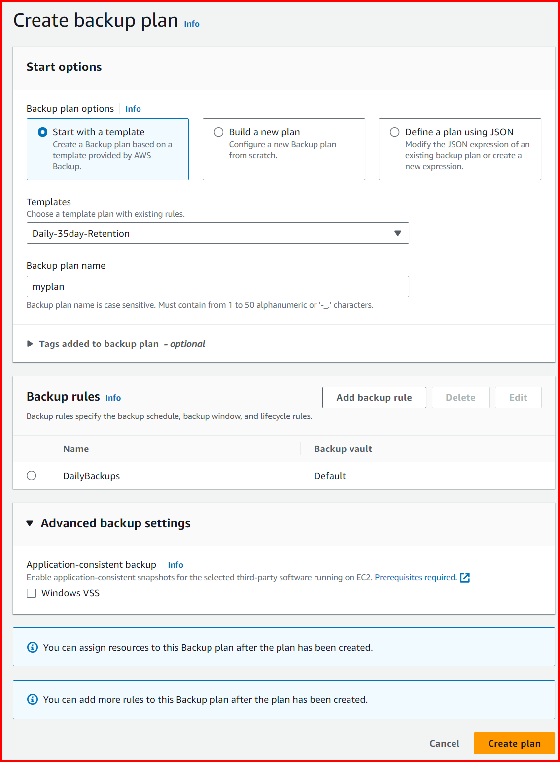 Picture showing the Create Backup plan screen